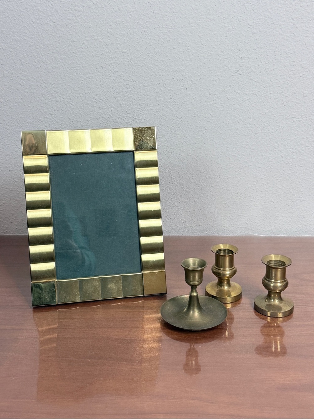 Vintage 5x7 Brass Frame & 3 Candlestick Holders Lot
